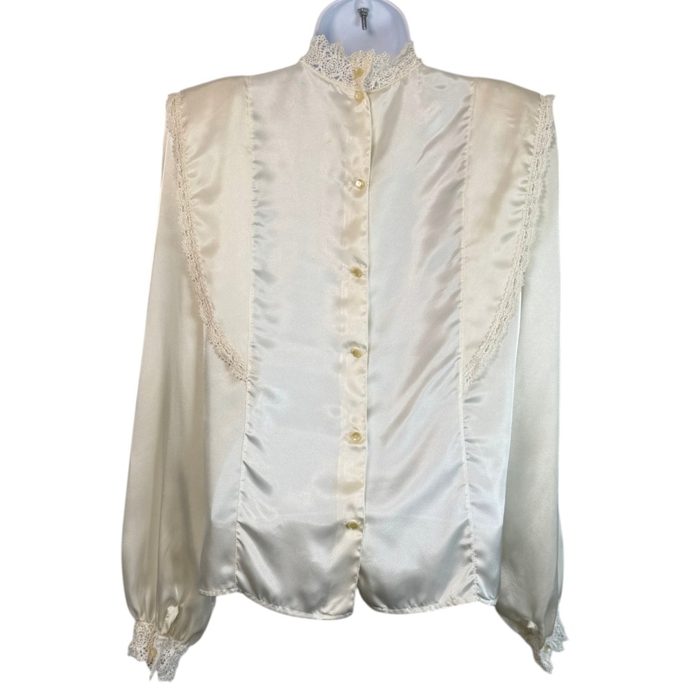 Vintage Satin Sheer Lace Victorian Top M Ivory Lace Mock Neck Prairie Romantic - Picture 6 of 10